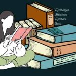 Ilustrasi wanita membaca buku di samping tumpukan buku sebagai langkah memilih buku yang bermanfaat untuk menambah wawasan