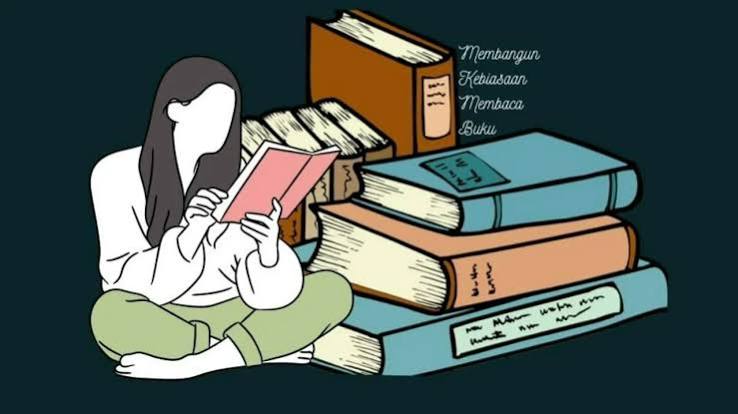Ilustrasi wanita membaca buku di samping tumpukan buku sebagai langkah memilih buku yang bermanfaat untuk menambah wawasan